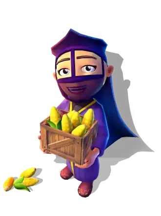 My Perfect Farm character holding a crate of freshly harvested corn