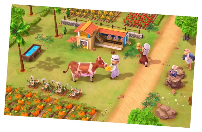 My Perfect Farm gameplay showing a farmer feeding a cow on the farm with crops and buildings around