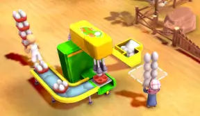 My Perfect Farm gameplay showing a farmer using an egg processing machine to produce goods on the farm