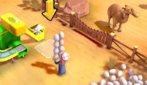 My Perfect Farm gameplay showing a farmer stacking eggs and delivering them near the animal pen