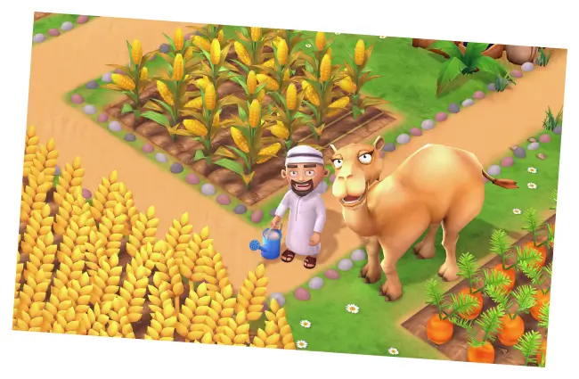 My Perfect Farm gameplay showing a farmer watering crops beside a camel in the farm field