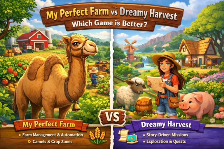 My Perfect Farm vs Dreamy Harvest comparison image showing camel farming in My Perfect Farm and story-driven farming gameplay in Dreamy Harvest
