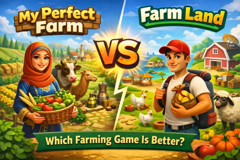 My Perfect Farm vs Farm Land comparison featuring crops, animals, and farm gameplay differences
