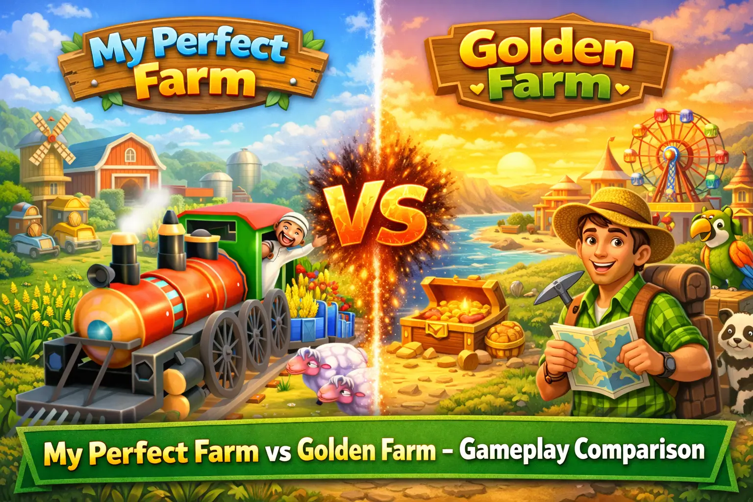 My Perfect Farm vs Golden Farm gameplay comparison showing farming mechanics, animals, and exploration features