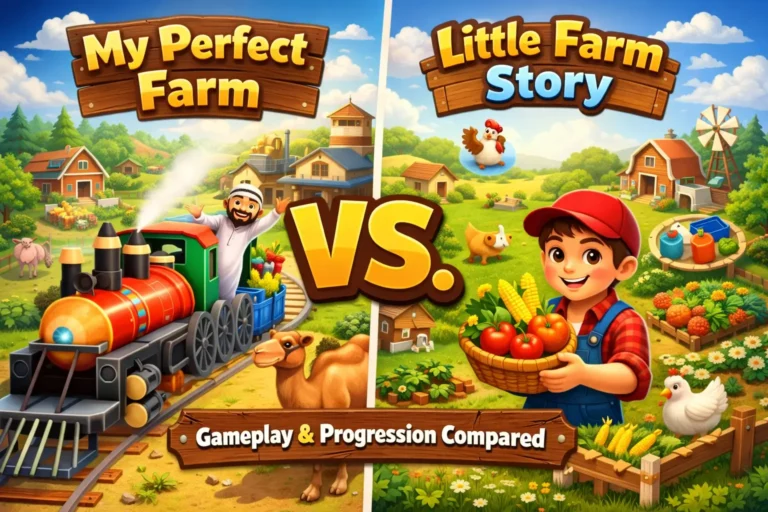 My Perfect Farm vs LFS gameplay comparison showing farm train, camel, animals, and crop farming features