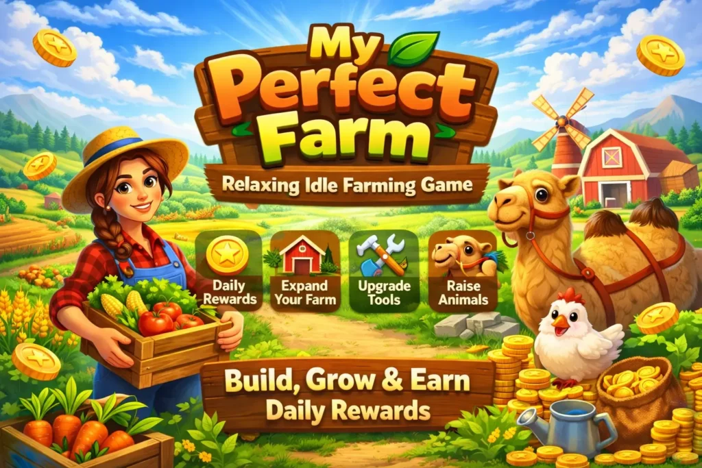 My Perfect Farm farming simulator game featuring crops, animals, upgrades, and daily rewards
