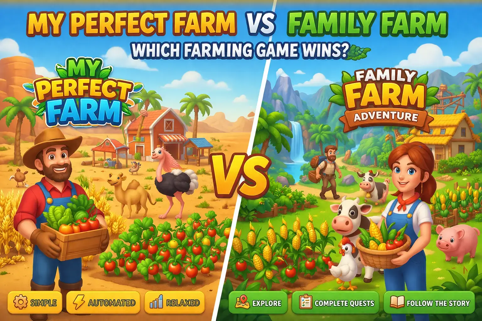 My Perfect Farm vs Family Farm Adventure comparison showing desert farming gameplay
