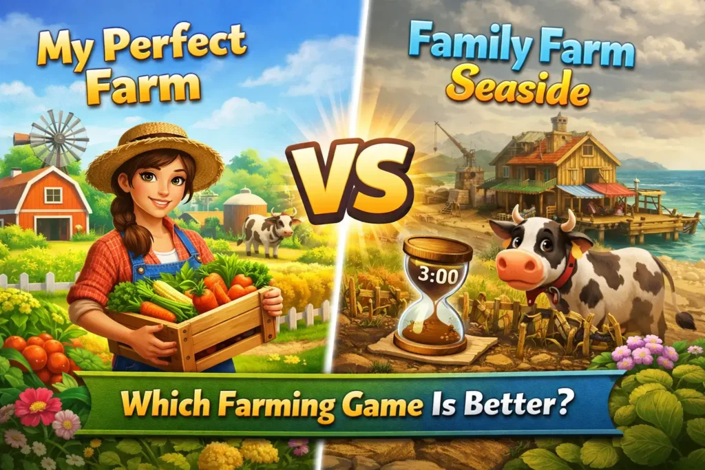 My Perfect Farm vs Family Farm Seaside farming game comparison showing modern farm gameplay