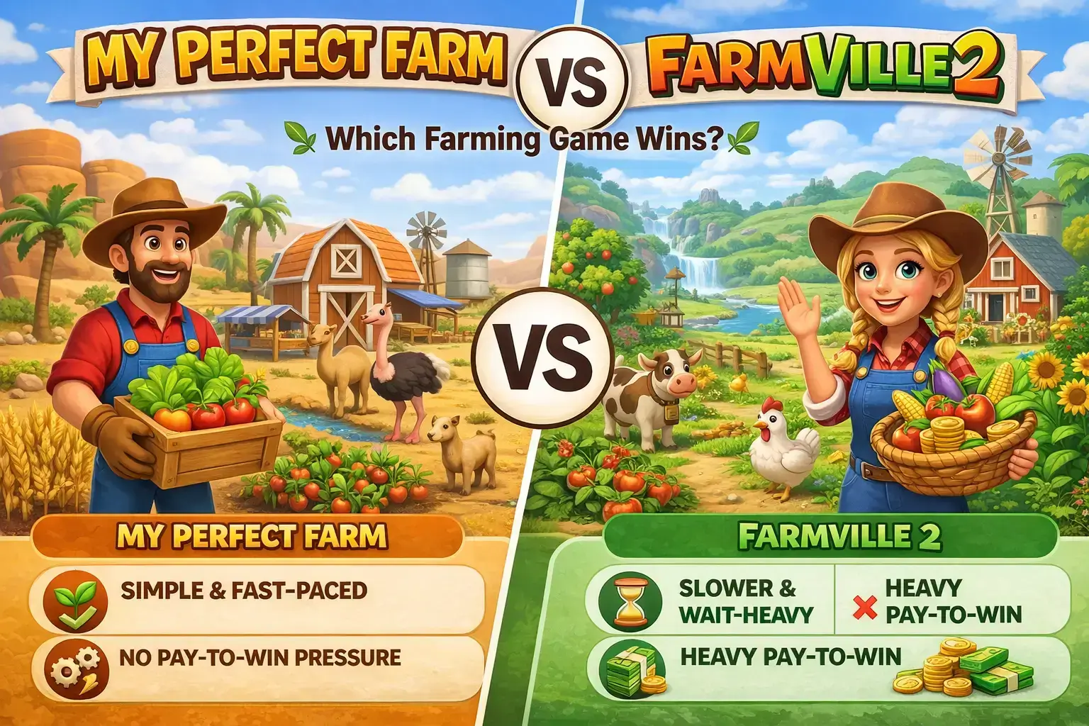 My Perfect Farm vs FarmVille 2 comparison showing desert farming gameplay versus classic green farm gameplay