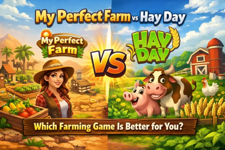 My Perfect Farm vs Hay Day farming game comparison showing desert farm and countryside farm with animals