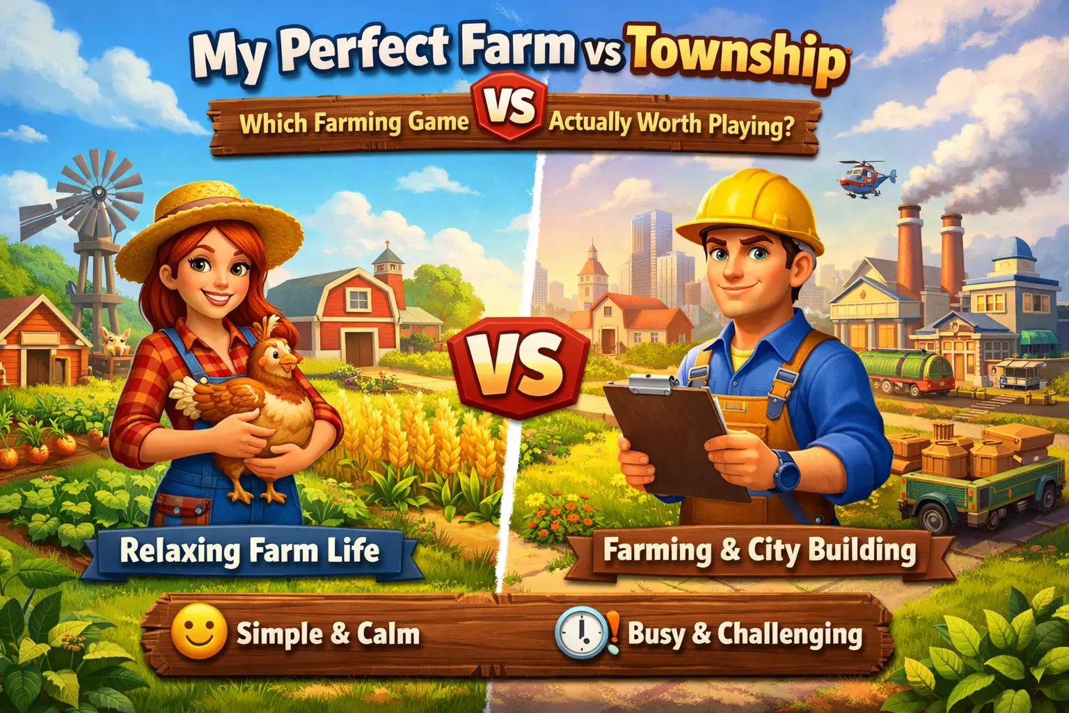A visual comparison of My Perfect Farm and Township highlighting relaxed farming versus farming with city building.